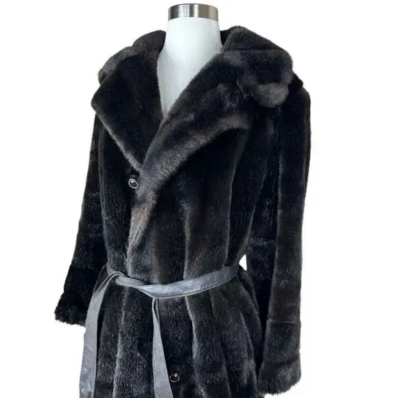 Vintage 70s Diamonte Faux Fur Coat Black Brown Mob Wife Size Medium Classic - Picture 10 of 10